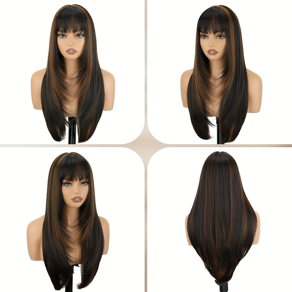 CIVRIE 26" Glueless Black Wig with Curtain Bangs - Long Straight Synthetic Hair, Pre-Bleached Lace Bangs & Realistic Scalp, Upgraded Premium Fibers for Natural Look & Fullness, Easy No-Glue Application, Everyday & Special Events - Women's Hair Wig, Wig Ac