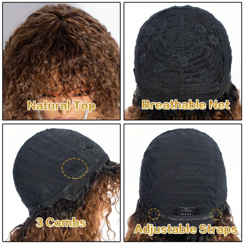 Human Hair Bob Wig Curly Water Wave Glueless Short Wig with Bangs 150% Density Ombre Brown Auburn 12 Inch Beginner Friendly Natural Hairline Daily Wear