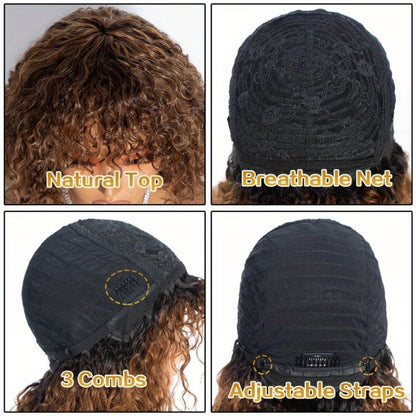 Human Hair Bob Wig Curly Water Wave Glueless Short Wig with Bangs 150% Density Ombre Brown Auburn 12 Inch Beginner Friendly Natural Hairline Daily Wear