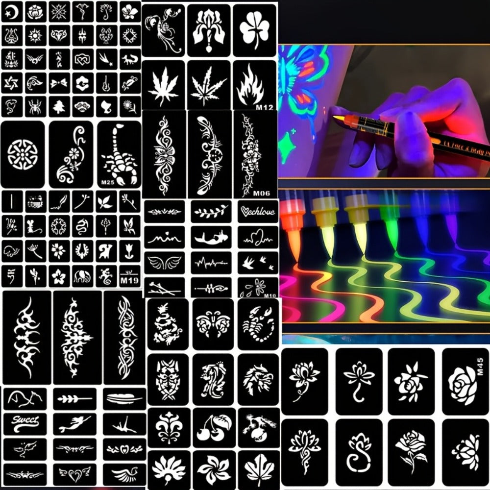 Face Body Paint Pen Set 8 Colors with 105 Tattoo Stencils - Glow in the Dark Neon Face Paint Easy Apply for Party Halloween Festival Stage Body Art