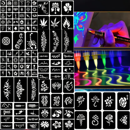 Face Body Paint Pen Set 8 Colors with 105 Tattoo Stencils - Glow in the Dark Neon Face Paint Easy Apply for Party Halloween Festival Stage Body Art
