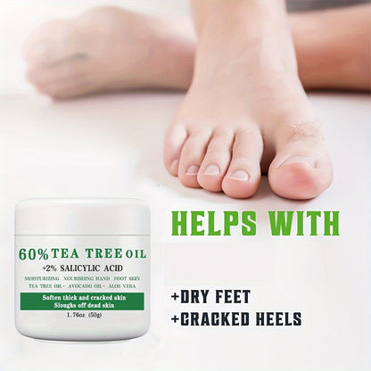 Tea Tree Oil Foot Cream 50g - 60% Tea Tree Oil & 2% Salicylic Acid Moisturizing Foot Balm for Dry Cracked Heels, Aloe Vera & Mint Infused Nourishing Foot Care