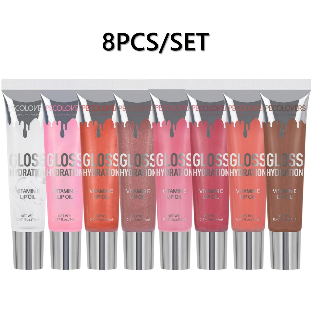 [8 Shiny Lip Glosses] Set of 8 Shiny Moisturizing Lip Glosses with Pearlescent Glitter for Long-Lasting Lip Oil Makeup