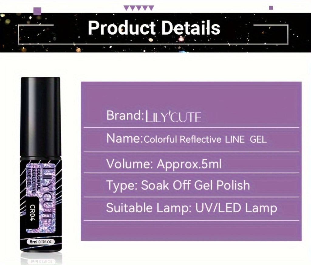 LYCUTE 0.17oz 6-Pack Super Glitter Reflective Color Eyeliner Gel Nail Polish Ultra Fine Brush Tip Stripe Drawing Gel