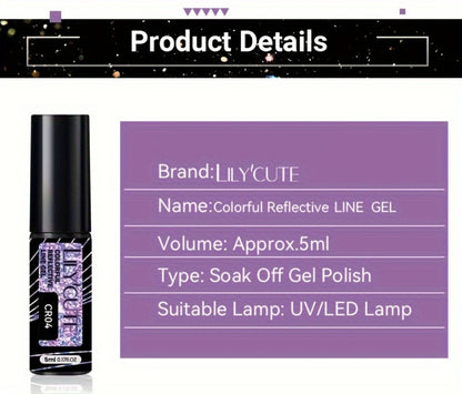 Glitter Liner Nail Art Gel 5ml - Super Reflective Glitter Eyeliner Gel Polish with Ultra Fine Brush Tip for Stripe Line & Detail Nail Art - Long Lasting UV LED Nail Art Drawing Gel
