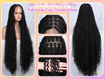 Bohemian Box Braids Wig 360 Full Lace Knotless Goddess Braided Wig for Women 36 Inch Synthetic Hair Natural Black Honey Blonde Burgundy Lightweight Breathable Daily Party