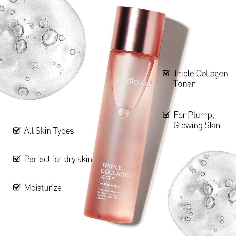 Medicube - Triple Collagen Toner - Hydrolyzed, Atelo, & Soluble Collagen for Deep Hydration & Plump Skin - Fast-Absorbing Formula for All-Day Suppleness, Korean Skincare (4.73 fl.oz.)