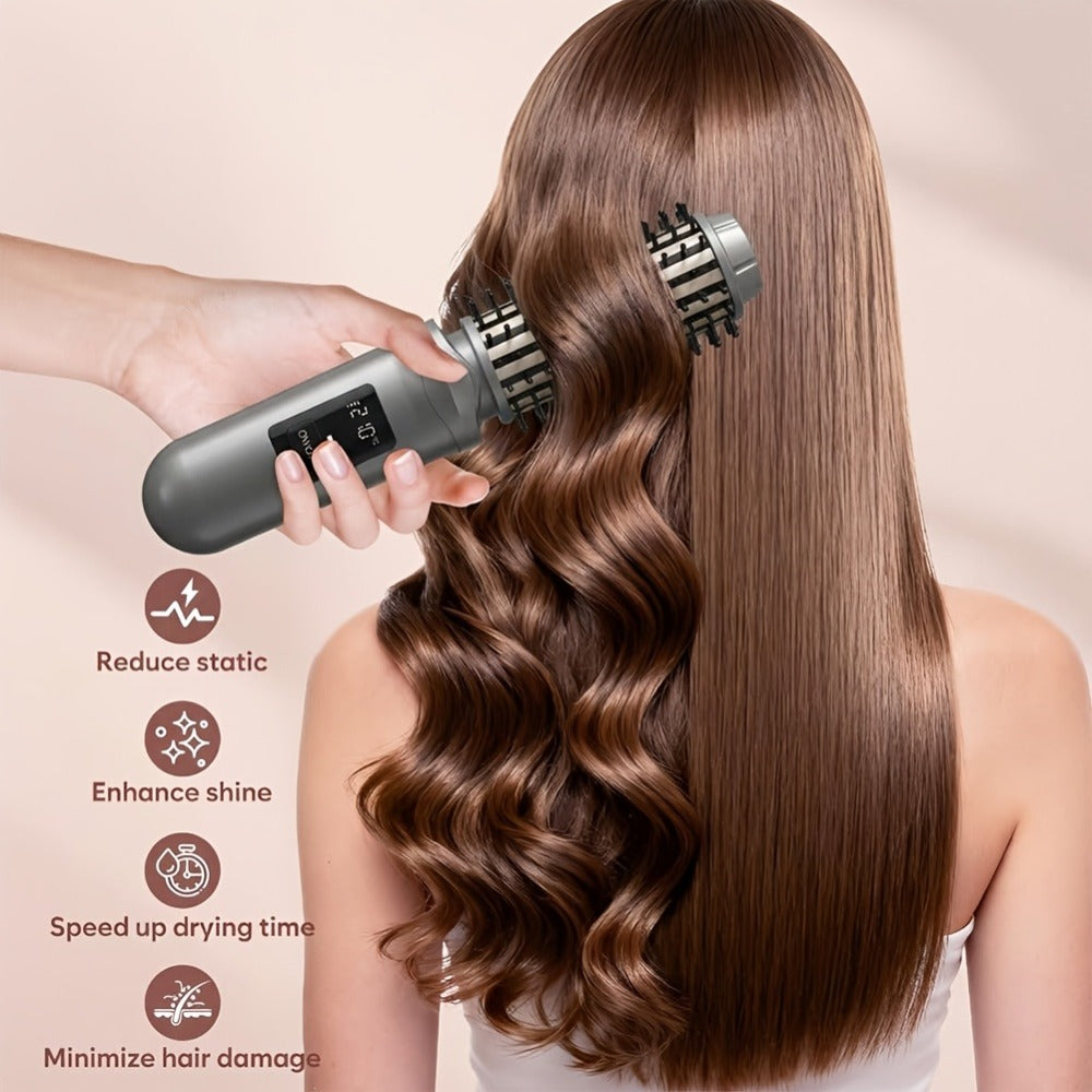 Cordless Hair Curler And Straightener Brush, Wireless Hair Curler, Wireless Curling Brush for Women, Rechargeable 2-In-1 Styling Tool with LED Display