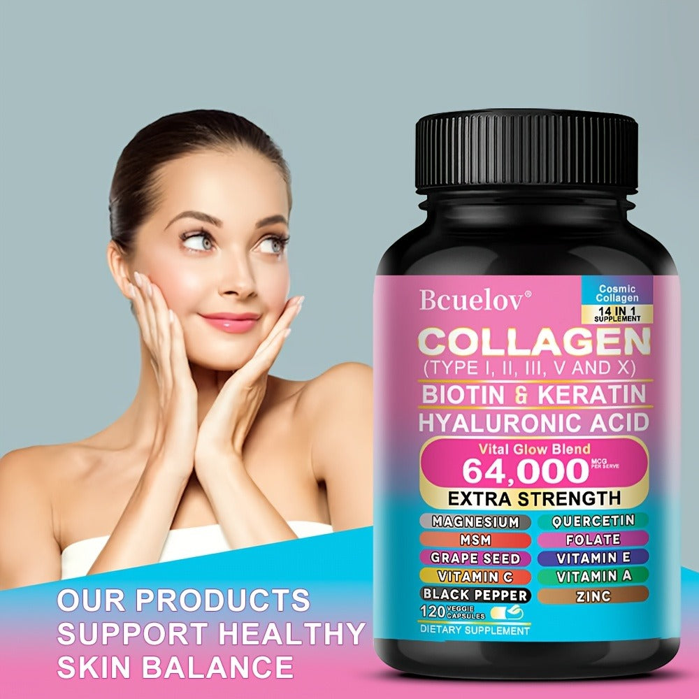 Types I, II, III, V, And X Collagen Supplements - Enriched with Biotin And Keratin, Along with Hyaluronic Acid - Healthy Skin, Nails, And Hair - 120 Capsules