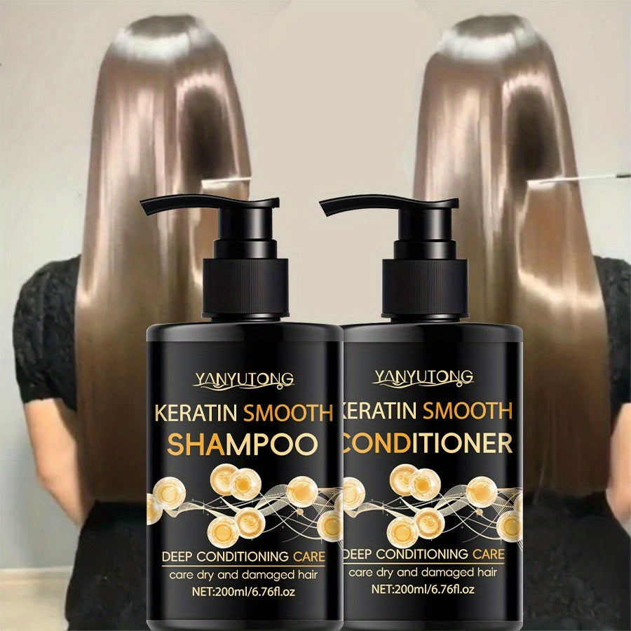 Keratin Shampoo & Conditioner Hair Care Set Moisturizes Scalp Repairs Breakage Splits for Color-Treated Heat Damaged Hair All Hair Types 200ml Each