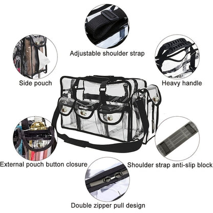Clear PVC Bag Extra Large Transparent Stadium Approved Tote with Adjustable Shoulder Straps 3 External Pockets Travel Bag for Men Women