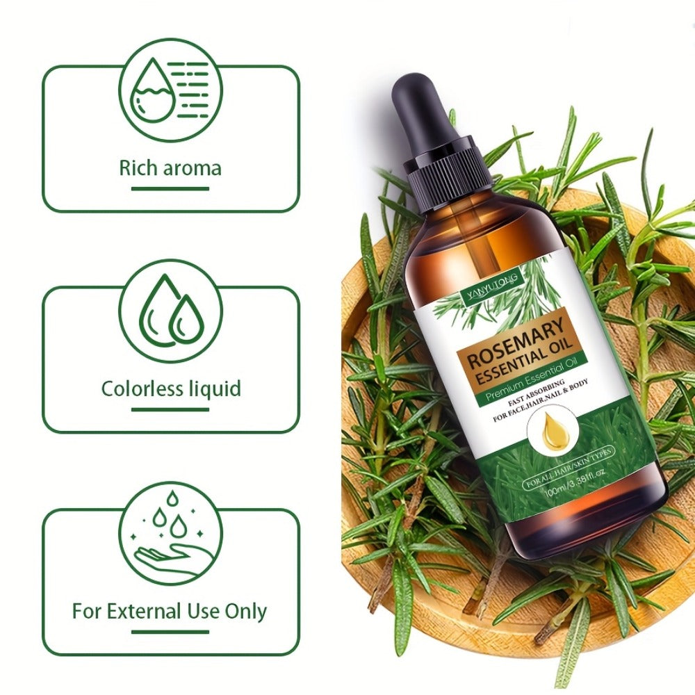 Rosemary Essential Oil for Hair Growth & Skin Care — Treats Split Ends, Enhances Eyebrows & Eyelashes, All Hair Types, Face & Body Bath Oil 3.38oz
