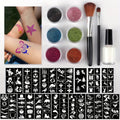 A Temporary Glitter Tattoo Set That Includes 14 Hollow Stencil Sheets for Dazzling Body Art, Along with 2 Brushes, a Bottle of Body Glue, And 6 Jars of Metallic Glitter. Ideal for Festive Celebrations