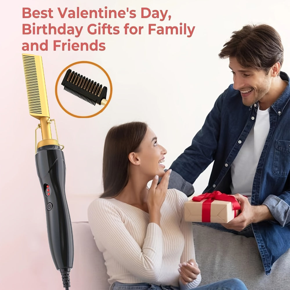 Hot Comb Hair Straightener, 2in 1 Ceramic Comb Safe Portable Curling Iron Heated Brush, Fake Electricity Heated Comb, Beard, Portable Anti-burn Curling Ceramic Straightening Pressing Comb, Suitable for Home and Travel, Holiday Gift
