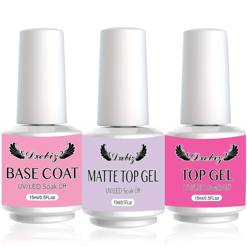 Gel Polish Base Coat Set, 3pcs 0.51oz Base Gel And No-Wipe Gel Top Coat Matte Coat, Long-Lasting Shine, Soakable LED Nail Lamp Gel Polish Nail Art Designs Women's Nail Art Gift