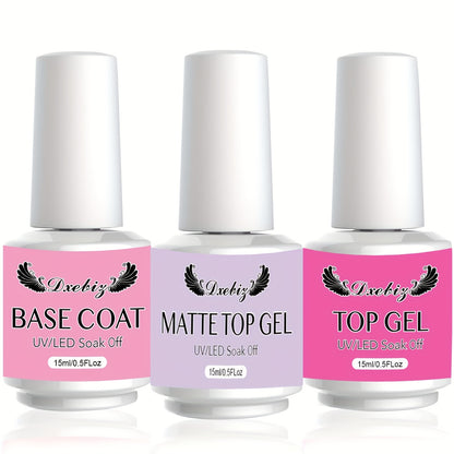 Gel Polish Base Coat Top Coat Set 3pcs No-Wipe Glossy Matte Top Coat Base Gel Long-Lasting Soak Off LED Nail Lamp Nail Art Kit 0.51oz Each