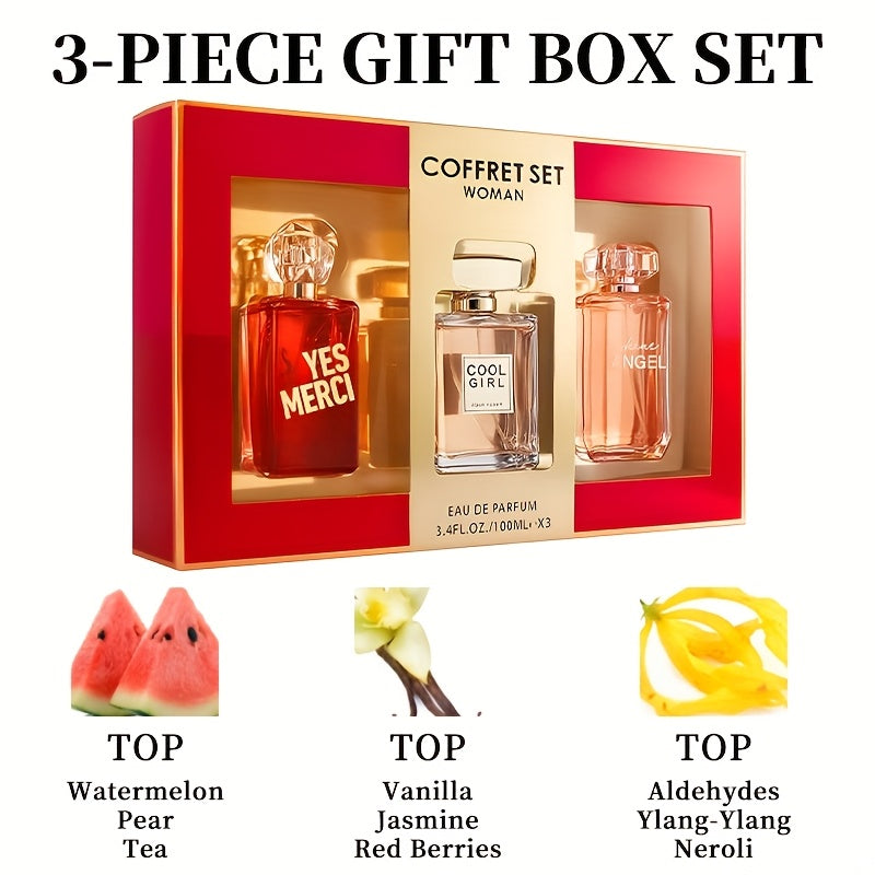 Women's Eau De Parfuma Spray Box, Long Lasting Fragrance, 3 Different Flavor, Perfect for Holiday Gifts, Dating, Daily Life, Parties, 3.4fl.oz/bottle, Perfect for Dating, Daily Life, Parties