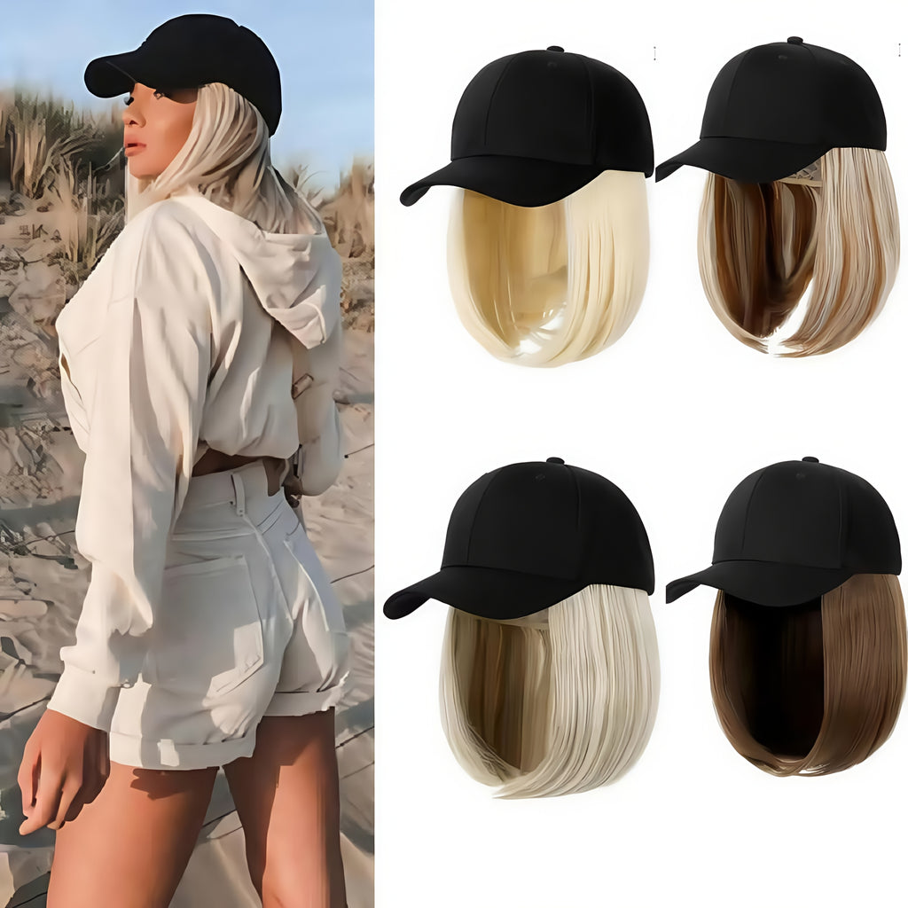 Women'S Short Bob Wig Baseball Cap - Synthetic Straight Hair Extensions Hat with Attached Hair, Adjustable Black Baseball Cap Wig, Heat Resistant Glueless Daily Wear Wig