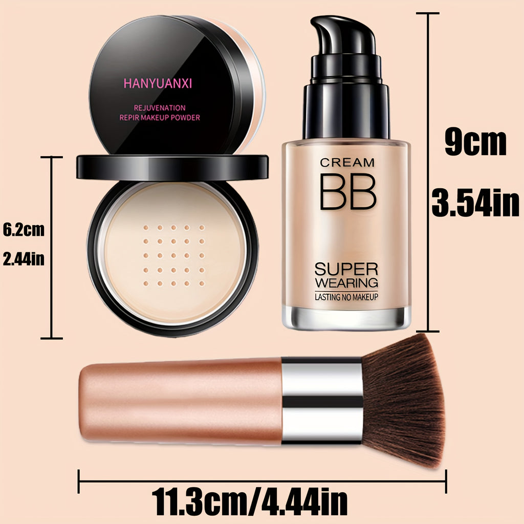 Flawless Face Makeup Kit- BB Cream & Makeup Powder & Brush, Includes Full Coverage Foundation, Moisturizing BB Cream, Waterproof Loose Setting Powder, Brush And Makeup Sponge, Hydrating Formula for All Skin Types | Ideal Halloween & Christmas Gifts