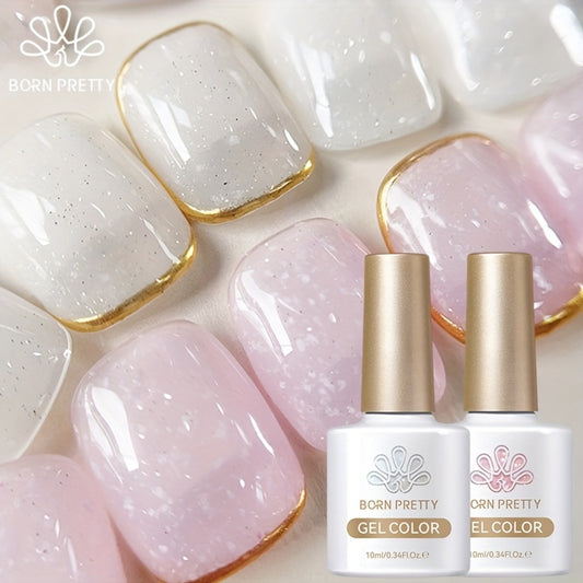 Glitter Gel Nail Polish 2pcs BORN PRETTY Snow Jelly Shimmer - Semi-Permanent Soak-Off LED UV Gel Varnish in Nude Pink White, Long-Lasting Chip-Resistant Salon-Quality Manicure, 0.34oz Each