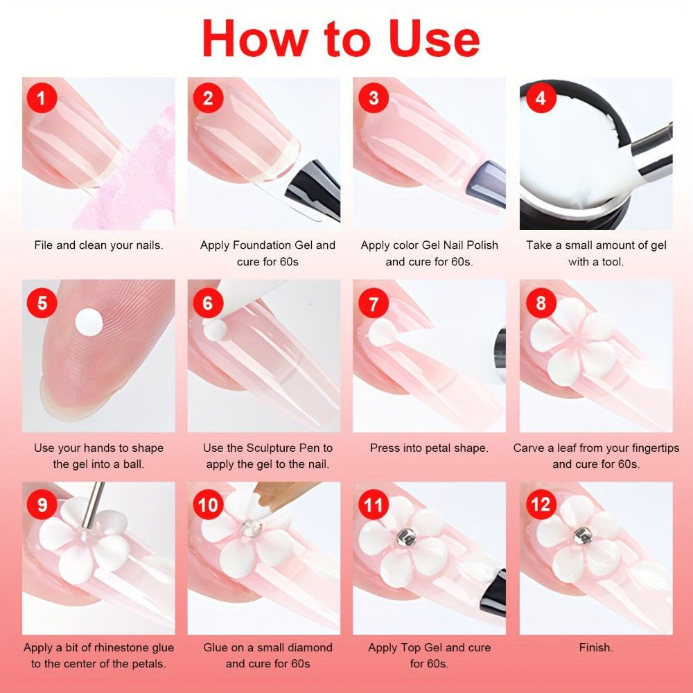 3D 4D Sculpture Gel Nail Art Kit 12 Colors with Carving Pen — Non-Sticky Soak-Off Nail Sculpting Gel Firm Texture for 3D Nail Designs Flowers Leaves Extensions DIY & Salon Manicure