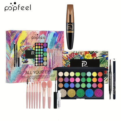 Makeup Kit Full Face POPFEEL All-in-One Eyeshadow Palette Blush Foundation Mascara Brush Set Berry Neutral Shades Gift Set for Women Beginners