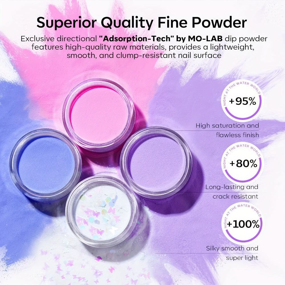 4-Color Dipping Powder Nail Kit, Featuring a Trendy Spring Palette of Light Purple, Blue, And Pink Butterfly Glitter Dipping Powders, Along with a French Nail Art Base Coat Activator for Salon Use