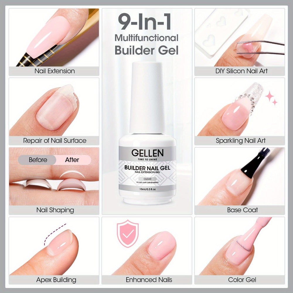 Gellen Builder for Nail Gel, 7-In-1 Clear Gel Builder for Nail Thickening 2pcs, LED for Nail Lamp Cured Hard Gel for Nail Strengthener Extension Gel Base Rhinestone for Nail Glue Gel Soak Off Gel Builder Base for Nail Art, 15Ml 0.51Fl Oz