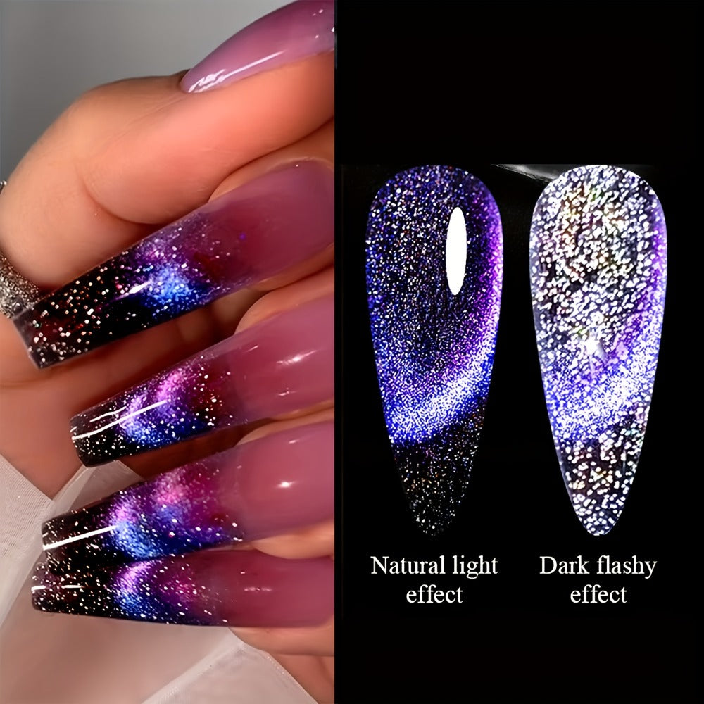 9D Cat Eye Gel Nail Polish - Holographic Rainbow Glitter Nail Polish Blue and Purple, Removable LED Gel Nail Polish for DIY Salon and Home Use, 0.34oz, Paraben Free, Easy to Apply, High Quality Finish, the Perfect Valentine's Day Gift