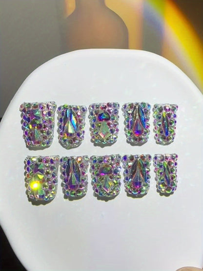Short Duckbill Press On Nails 10pcs Lonnailssy Handmade AB Crystal Colorful Diamond Glossy Reusable Salon Quality Non-Toxic Spring Summer Nail Art Set with Adhesive Gel Tabs S M L Sizes
