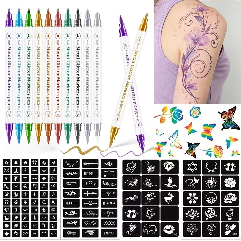 10pcs Double-ended Tattoo Pen Set + 114 Templates + Butterfly Temporary Tattoo Sticker Set Of Waterproof And Sweat-resistant Long-lasting DIY Design Tools, Easy to Remove And Washable Body Painting, The Ideal Choice for Party And Festival Gifts