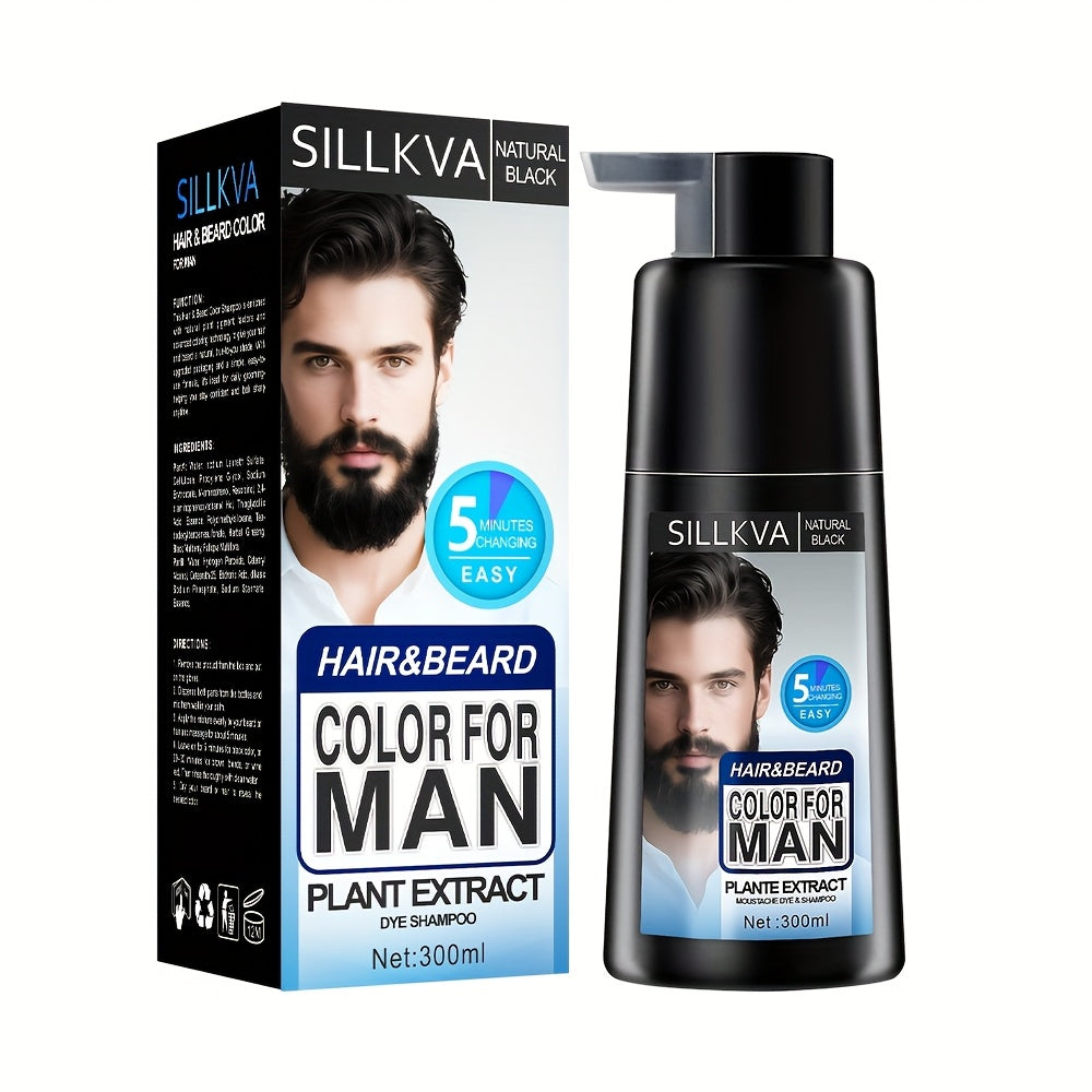 10oz Men's Black Hair & Beard Dye Shampoo, 3-in-1 Quick Coloring, Long-Lasting Natural Effect, Ammonia-Free, 8-Minute Easy Gray Coverage for A Youthful And Stylish Look