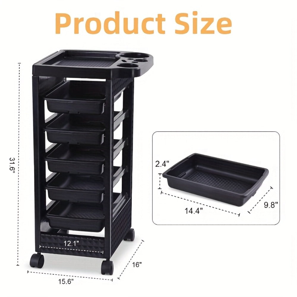 Salon Trolley with 5 Drawers and 4 Wheels, Stylist Trolley, Beauty Storage Rack, Suitable for Hairdressers and Barbers