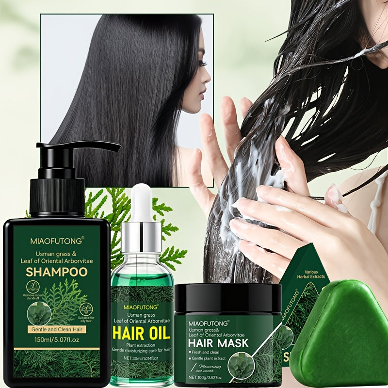 4pcs Set Of Shampoo, Conditioner, And Hair Oil, Hair Mask Set, 10in1- Natural Usman Grass And Platycladus Extract, Shampoo And Conditioner Set, Hair Serum, Cleanses Loose Scalp Debris, Strengthen Hair, Hair Looks And Feels Healthy