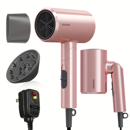Travel Hair Dryer 1875W Ionic Foldable — Diffuser & Concentrator Nozzle Included, 3 Heat Settings, 2 Speed Levels, Fast Drying Compact Hair Dryer for All Hair Types