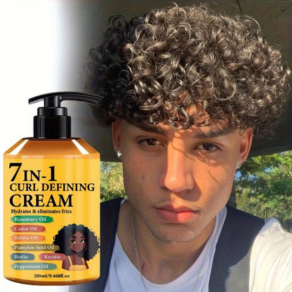 7-in-1 Hair Curling Cream with Moroccan Argan Oil & Rosemary 9.47oz - Long-Lasting Hold, Moisturizing & Naturally Fluffy Curls for Wavy & Curly Hair
