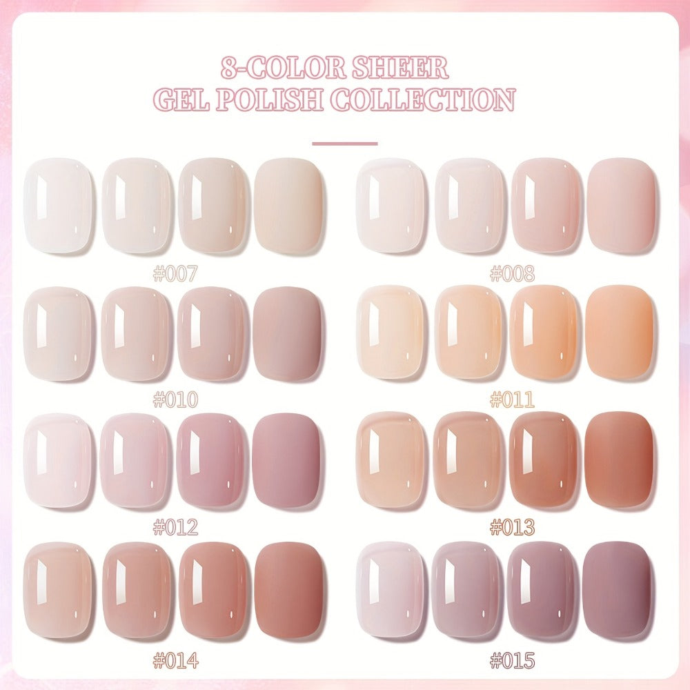 Jelly Gel Nail Polish Set 8 Colors — Summer Ice Transparent Sheer Shades, Glossy Hydrating Formula, LED Lamp Compatible Nail Art Manicure Kit