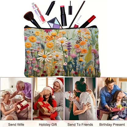 Makeup Bags 4-Pack Daisy Floral Design Zipper Travel Cosmetic Bag Foldable Durable Toiletry Pouch Gift Set for Women Girls Sisters Girlfriends Birthday Christmas