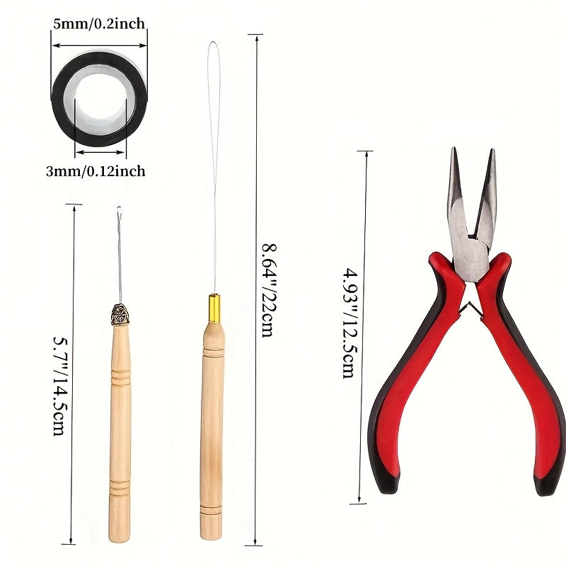 Hair Extension Tools Kit, 1 Plier, 1500 Lined Micro Rings, 5 Rolls Sewing Thread, 9 C/J/I Needle, 1 Threader, 1 Crochet Hook, 3 Comb, 200 Rubber Bands, 5 Clips, 50 T-Needle And 5 Heat Shield Guards for Hair Styling