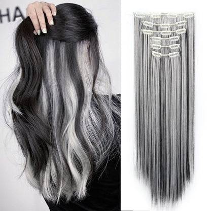 Gray Hair Clip Extensions 6 Piece Set 24 Inch Heat Resistant Synthetic Fiber Space Gray Clip In Hair Extensions for Women Daily Wear Halloween Costume