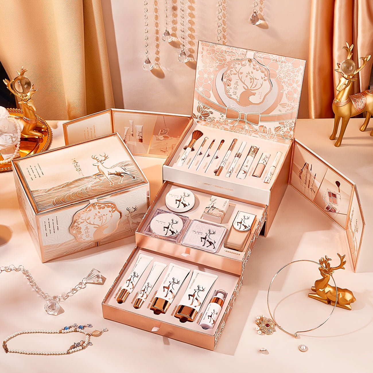 Makeup & Skincare Gift Set for Women - Luxury All-in-One Complete Cosmetic Kit with Tools, Plant-Based Squalane Formula, Elegant Rose Gold Box, Perfect Christmas Valentine Birthday Gift for Her & Moms