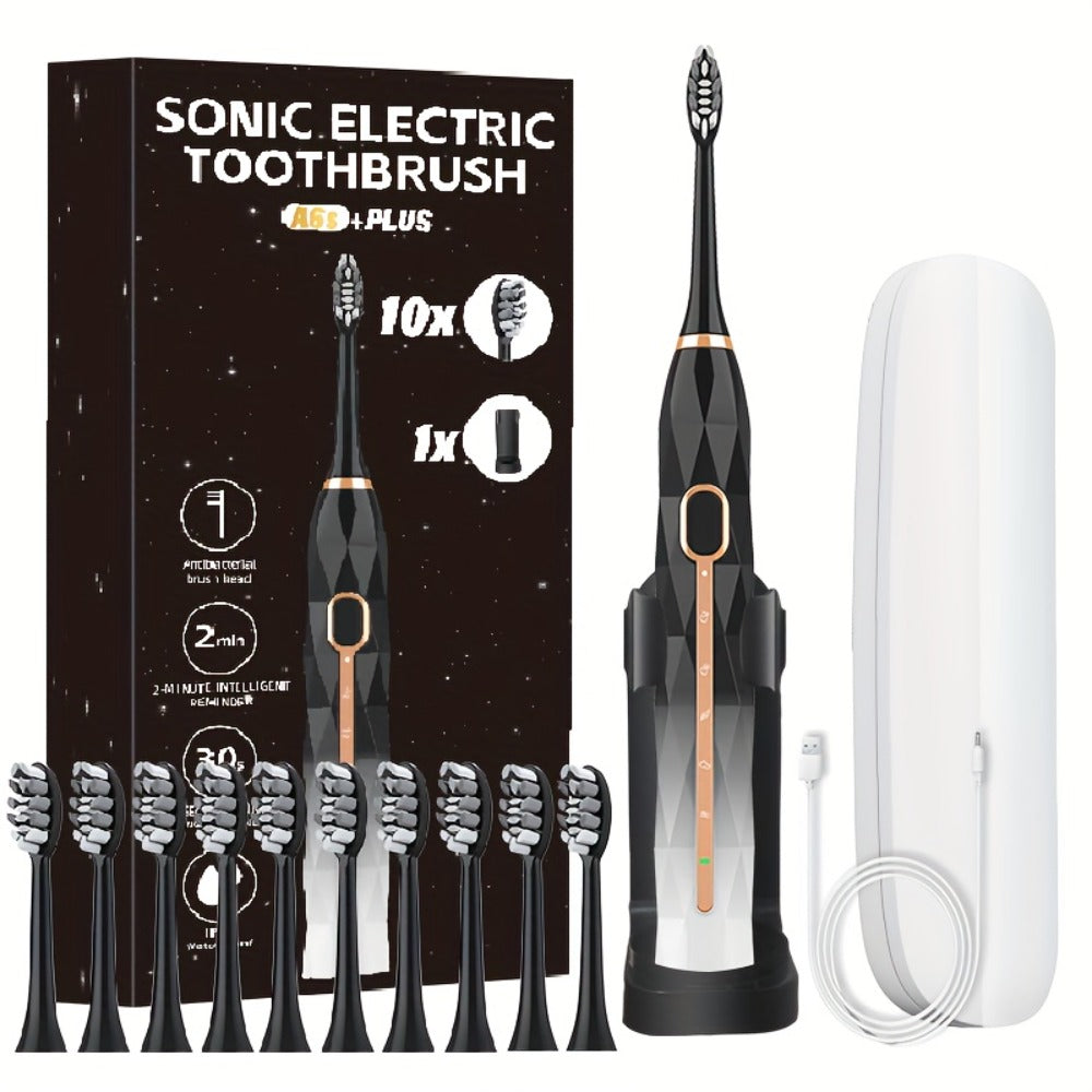 Sonic Electric Toothbrush That Is with an IPX8 Rating, Includes 8 Replacement Brush Heads, a Travel Case, And USB Charging. It Features a Metal Shaft Suitable for Both Adult Males And Females, Comes with a Toothbrush Holder