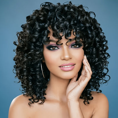 Deep Wave Bob Wig Glueless with Bangs Short Curly - Elastic Band Natural Black Ombre Gray Brown 14 Inch for Women Daily Wear