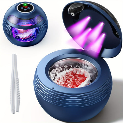 Ultrasonic Retainer Cleaner Machine 45kHz with UV Sanitizer Portable Dental Cleaner for Dentures Retainers Aligners Braces Mouth Guard Jewelry Cleaner 200ml Tank Blue Black White