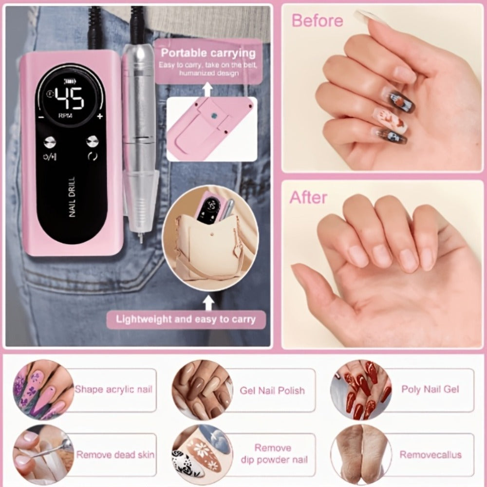 45000 RPM Adjustable Speed Nail Drill Professional Cordless Electric Nail File Low-noise Nail Manicure Machine for Women Buffing And Polishing Nail Tool Set with LCD Display for Nail Salon for Nail Care(Pink Purple White)