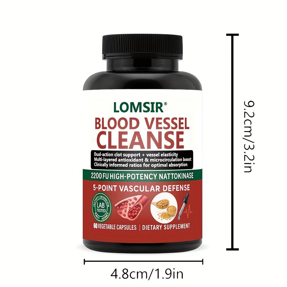 Blood Vessel Cleanse Capsules - Nattokinase Supplement with Gamma Oryzanol, Supports A Healthy Circulatory System - 60 Capsules