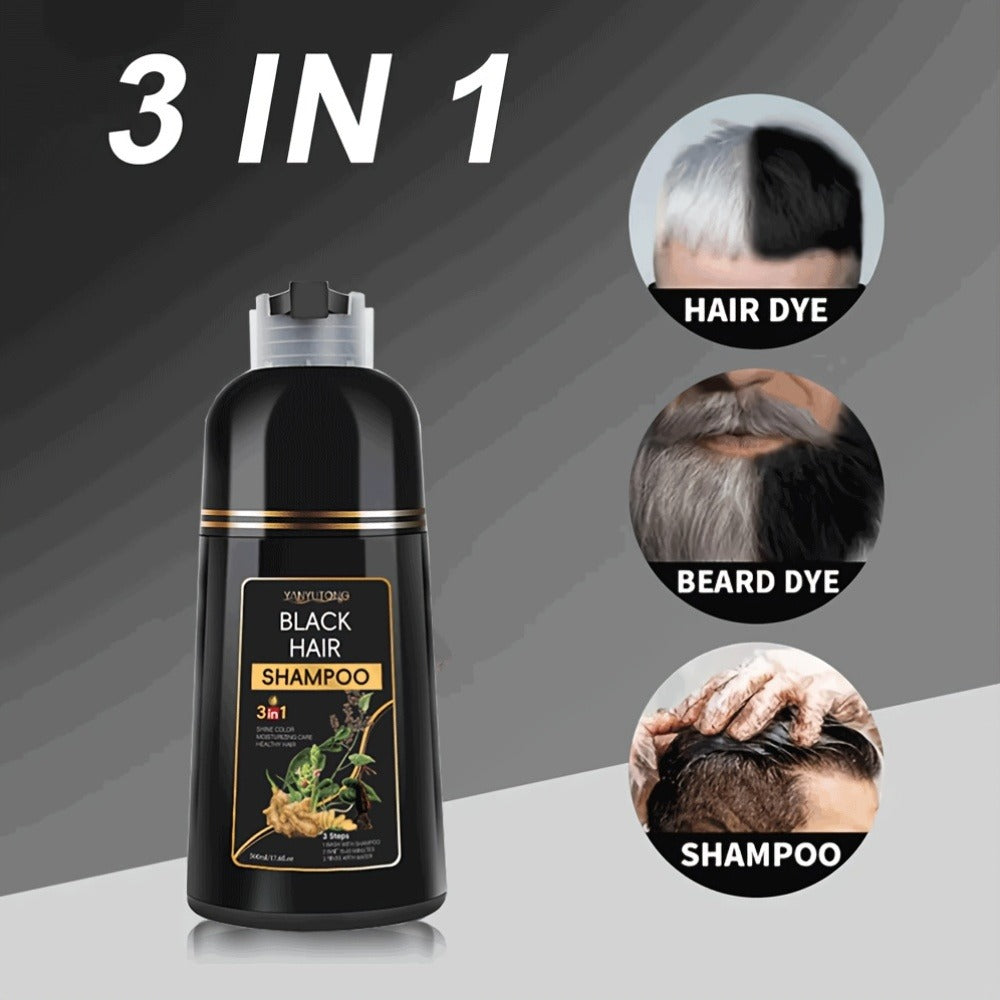 Black Hair Dye Shampoo 3-in-1 with Beard Dye & Cleanser | Natural Herbal Formula | Gentle Moisturizing Long-Lasting Color for All Hair Types | 16.91oz x2