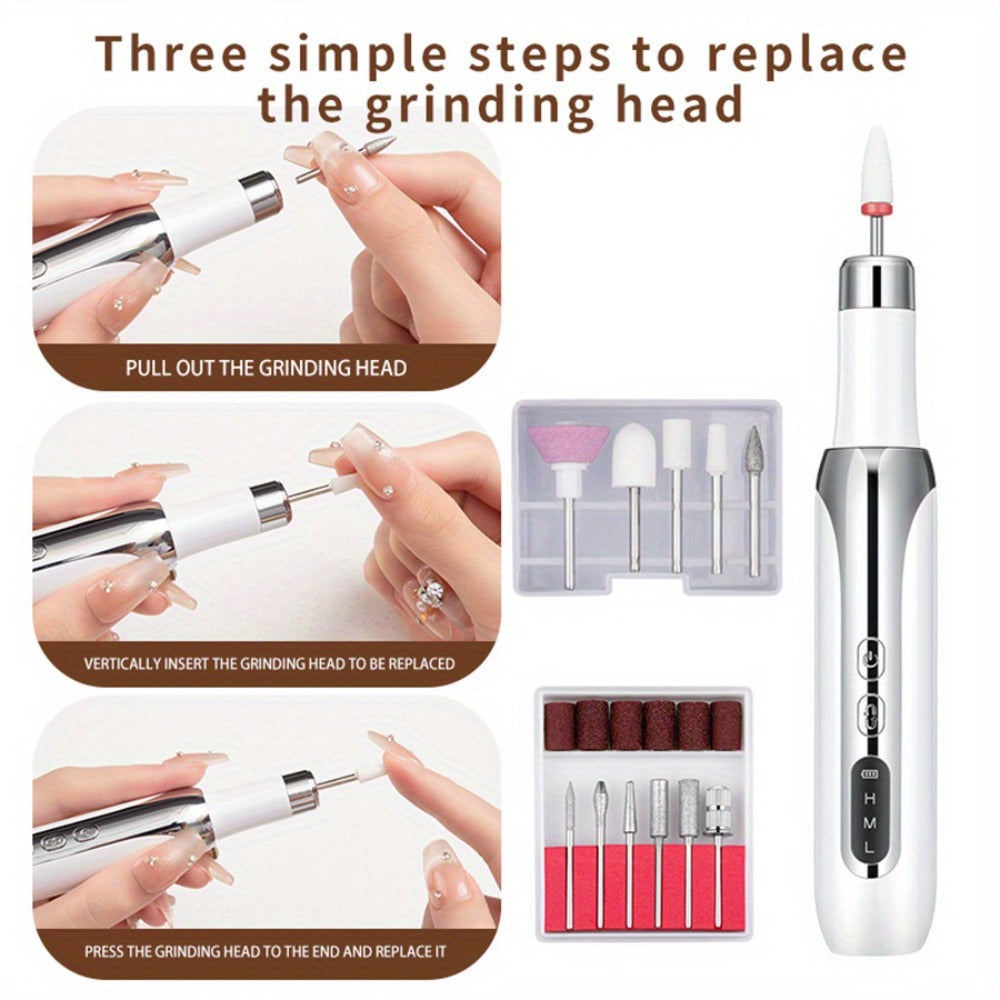 Electric Nail Drill, Cordless Nail Drill, Electric Nail File, USB Rechargeable Portable Nail Drill for Manicure Pedicure And Polishing, with 12 Nail Drill Bits And Sanding Bands, White