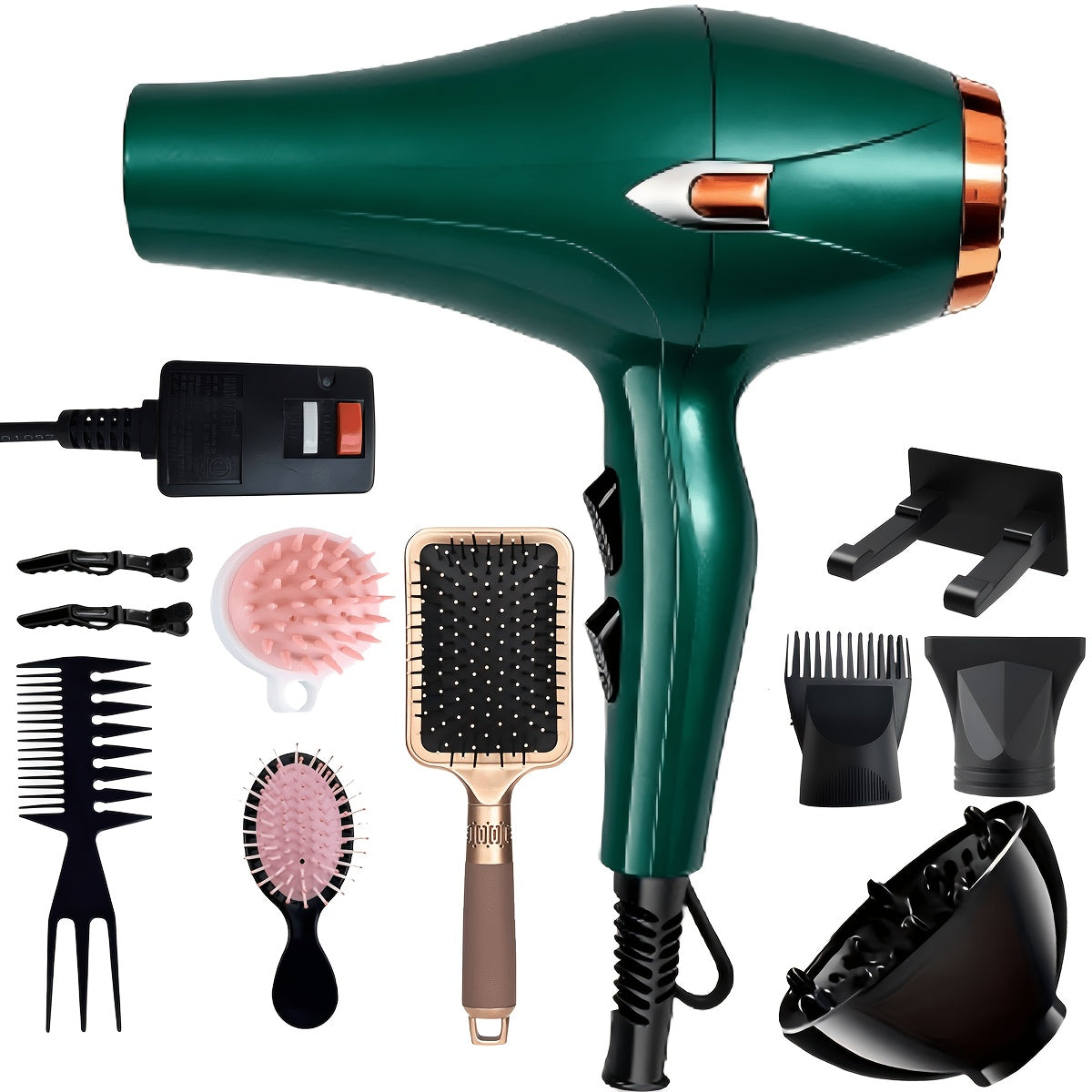 Professional Hair Dryer Set with Accessories - Brushless Motor Blow Dryer Kit with Concentrator Nozzle Comb Clip 2 Modes 3 Speeds for Home Travel Salon Black White Blue Green