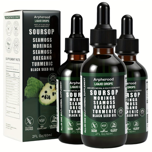 Soursop Graviola Liquid Blend | Leaf And Fruit Formula with Sea Moss, Elderberry And Black Seed Oil | High-Potency Oral Drops for Immune Wellness, Digestive Balance And Liver Care for Men And Women | 2 Fl.Oz Glass Bottle, Dietary Supplements